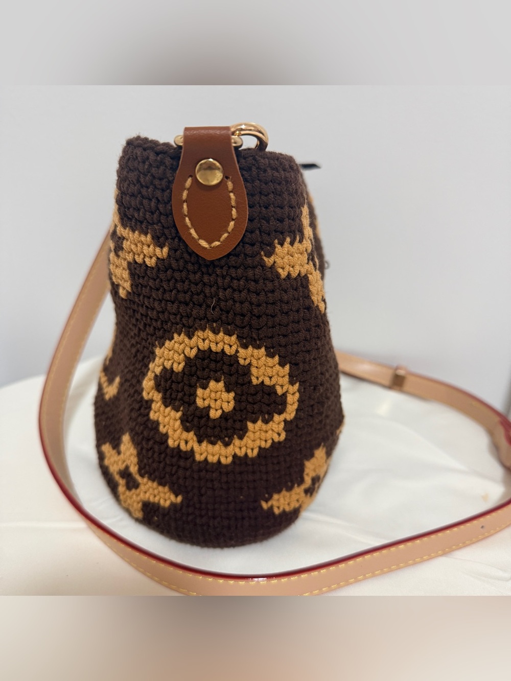 Crochet Brown and Tan Crossbody Bucket Bag